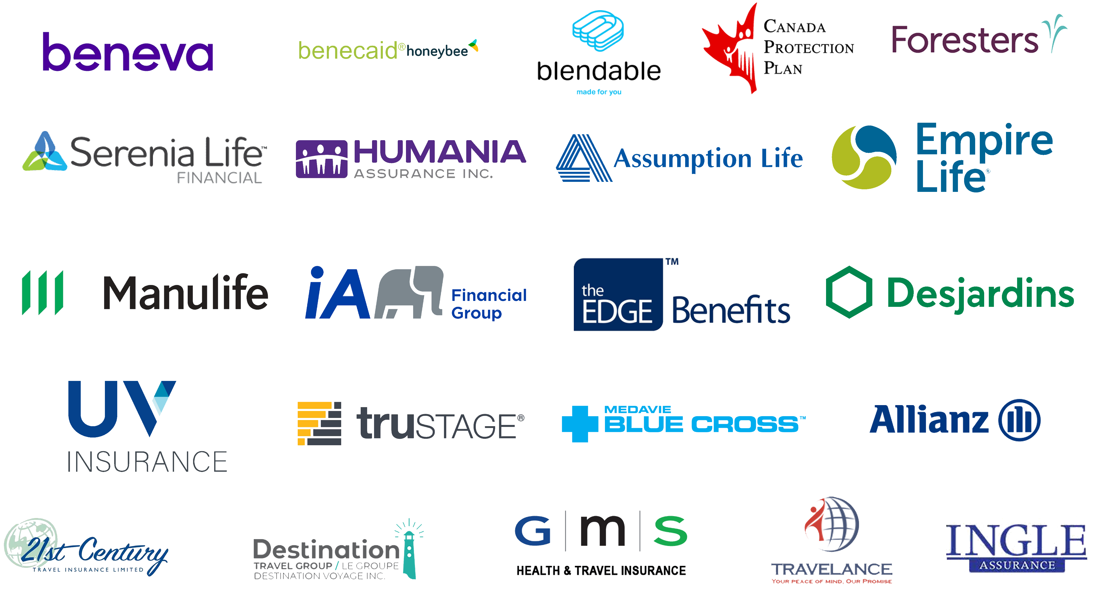 Our trusted product partners including Beneva, Benecaid Honeybee, Blendable, Canada Protection Plan, Foresters, Serenia Life, Humania, Assumption Life, Empire Life, Manulife, iA Financial Group, The Edge Benefits, Desjardins, UV Insurance, TruStage, Medavie Blue Cross, Allianz, 21st Century, Destination Travel Group, GMS, Travelance, and Ingle